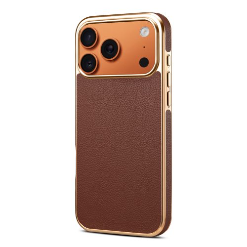 Genuine Leather Phone Case for iPhone 17 18 All Models, Brown Cowhide Gold Frame Vintage Luxury Shockproof Anti-Drop