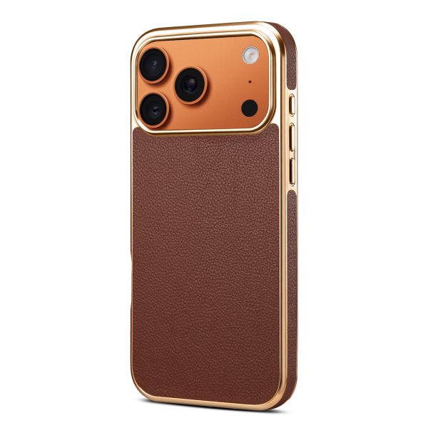 Genuine Leather Phone Case for iPhone 17 18 All Models, Brown Cowhide Gold Frame Vintage Luxury Shockproof Anti-Drop