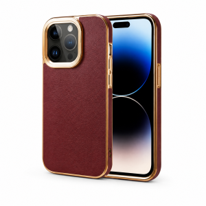 Genuine Leather Phone Case for iPhone 12-16 - Brown Cowhide, Gold Frame