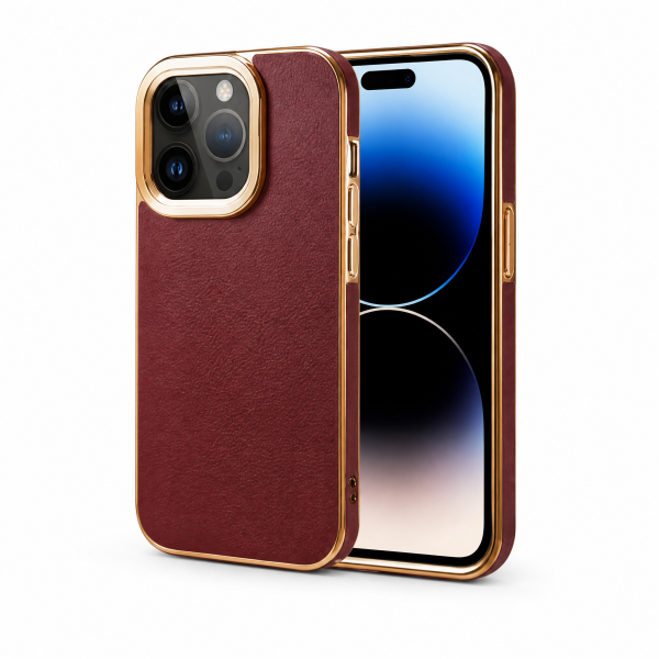 Genuine Leather Phone Case for iPhone 12-16 - Brown Cowhide, Gold Frame