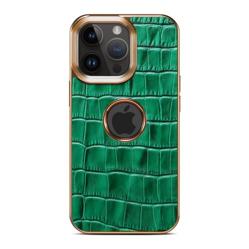 Genuine Leather Phone Case for iPhone 12 16 All Models, Brown Cowhide Gold Frame Vintage Luxury Shockproof Anti-Drop