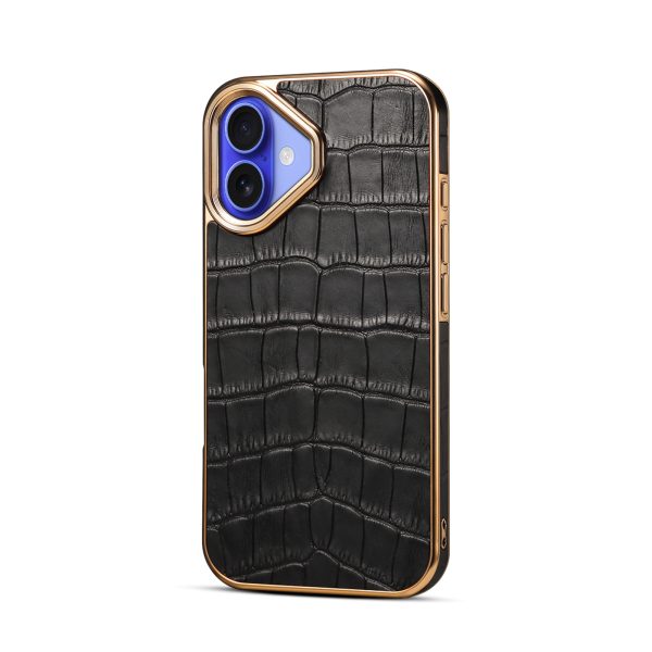 Crocodile Grain PU Leather Case for iPhone 16 16 Max, Gold Metal Frame, Anti-Slip, Wholesale