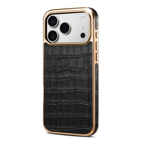Crocodile Grain PU Leather Case for iPhone 17 17 Pro 17 Pro Max 18 18 Pro 18 Pro Max, Gold Metal Frame, Anti-Slip, Wholesale