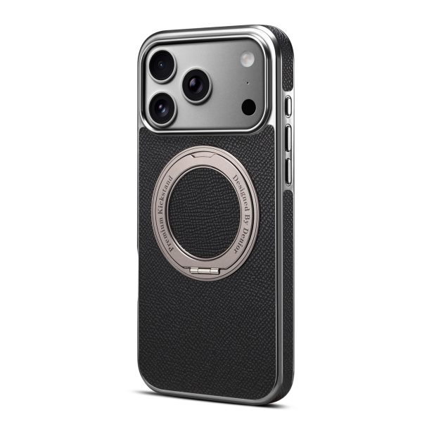 Premium Genuine Leather H-Pattern Phone Case with 360 Rotating Stand for iPhone 17 18 Series