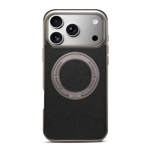 Premium PU Lychee-Grain Leather Phone Case with 360 Rotating Stand for iPhone 17 18 Series