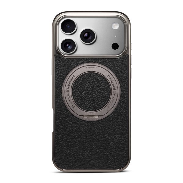 Premium PU Lychee-Grain Leather Phone Case with 360 Rotating Stand for iPhone 17 18 Series