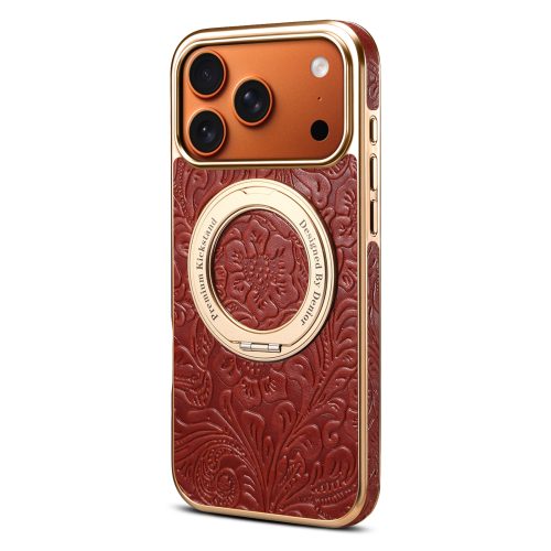 Genuine Leather Phone Case 360 Degree Rotating Kickstand, Tang Flower Embossed TPU PC Frame, Anti Fingerprint, Wholesale