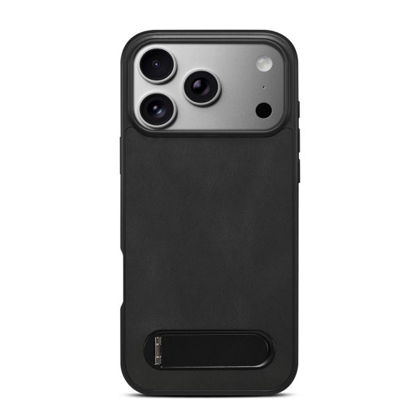 Custom Soft Touch PU Leather Case Four Sides Wrapped with Foldable One Bar Metal Kickstand for iPhone 17 18 Series