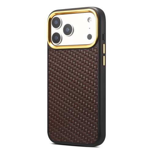 Genuine Leather Phone Case for iPhone 17 18 All Models, Brown Cowhide Gold Frame Vintage Luxury Shockproof Anti-Drop
