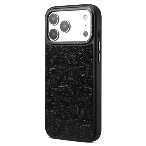 XQS-A26-3-1700 Top Grain Cowhide Phone Case with Vintage Tanghua Embossing Gold Color Camera Frame N52 Magnetic Wireless Charging