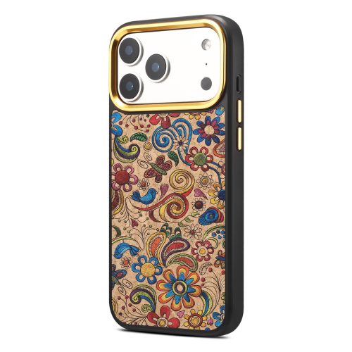 Cork Eco Phone Case with Folk Embroidery Style Printed Pattern 24K Gold Color Camera Frame N52 Magnetic Wireless Charging