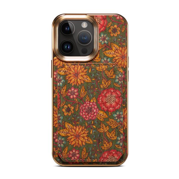 Eco-friendly Floral Cork Leather Case for iPhone 15 14 13 12 Pro Max Hidden Dual Card Slot Kickstand Holder Floral Cover