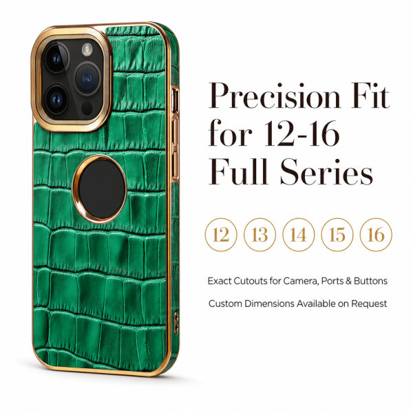calowv52_00 Genuine Leather Phone Case for iPhone 12-16 - Brown Cowhide, Gold Frame