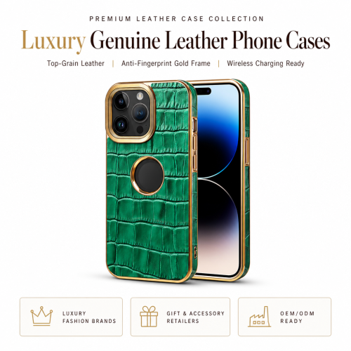 Genuine Leather Phone Case for iPhone 12-16 - Brown Cowhide, Gold Frame