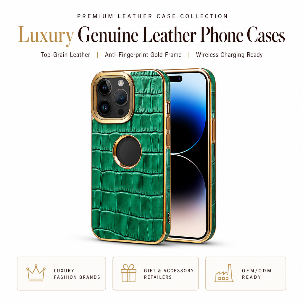 Genuine Leather Phone Case for iPhone 12-16   Brown Cowhide, Gold Frame