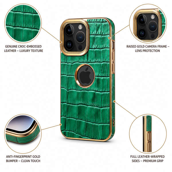 calowv52_03 Genuine Leather Phone Case for iPhone 12-16 - Brown Cowhide, Gold Frame