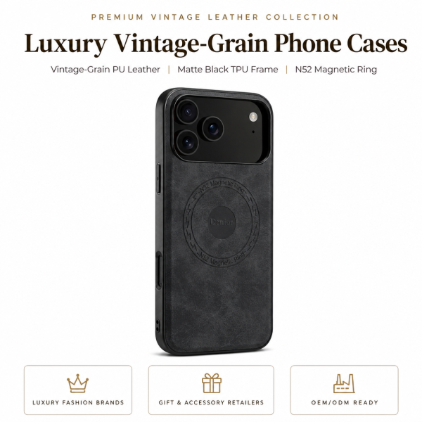 Magnetic PU Leather Phone Case for iPhone 17/18 - Matte Black (N52)