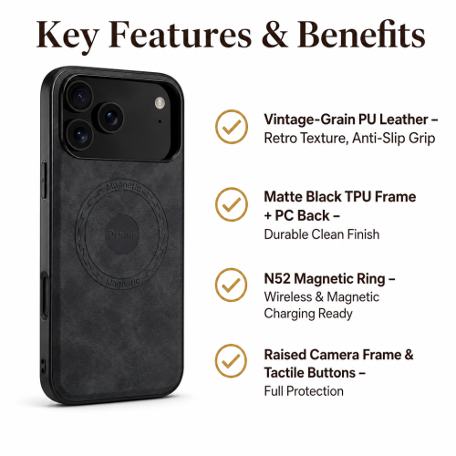 Magnetic PU Leather Phone Case for iPhone 17/18 - Matte Black (N52)