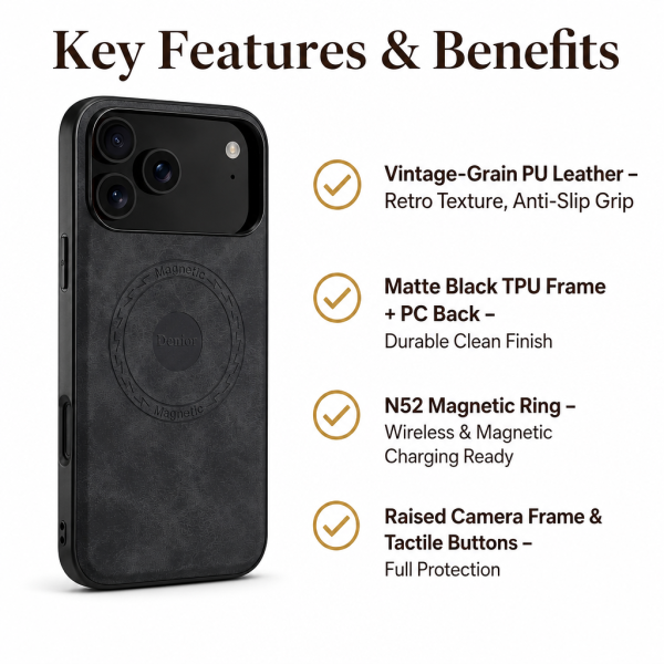 Magnetic PU Leather Phone Case for iPhone 17/18 - Matte Black (N52)