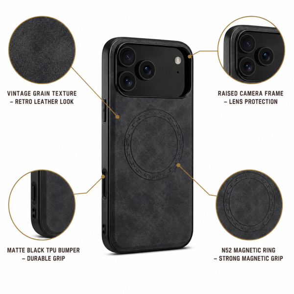 Magnetic PU Leather Phone Case for iPhone 17/18 - Matte Black (N52)