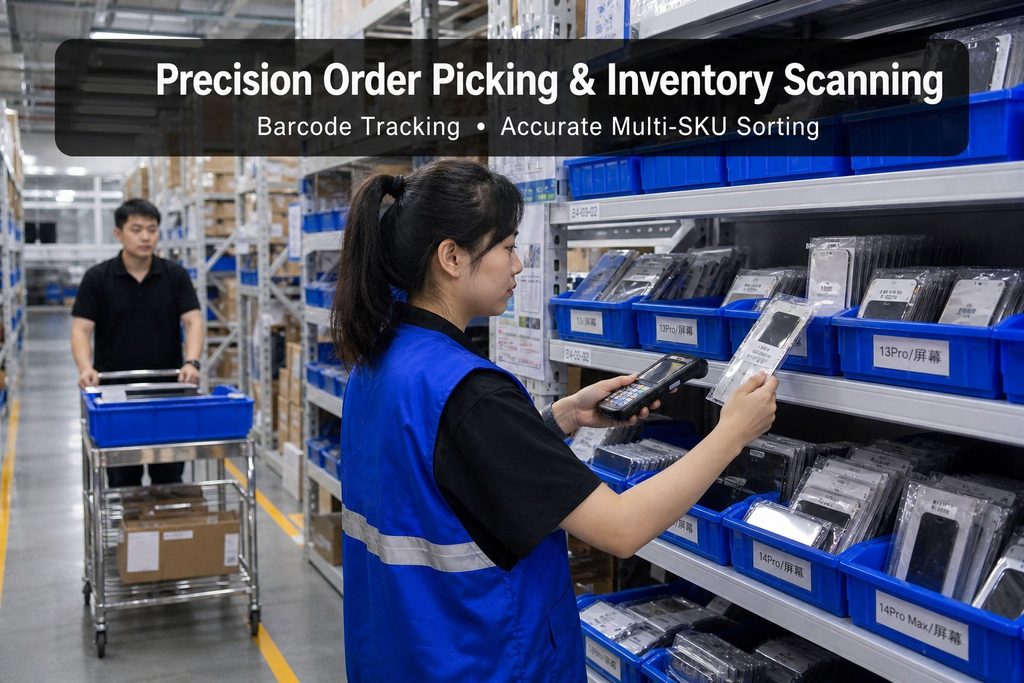 Warehouse staff picking orders and scanning barcodes by shelving