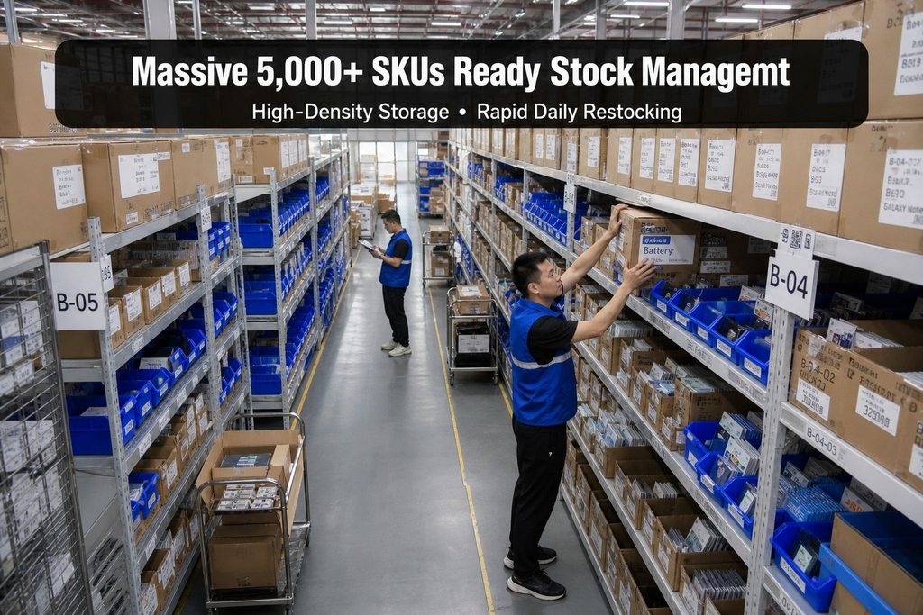 Shenzhen warehouse with high-bay shelving and 5000+ SKUs in stock