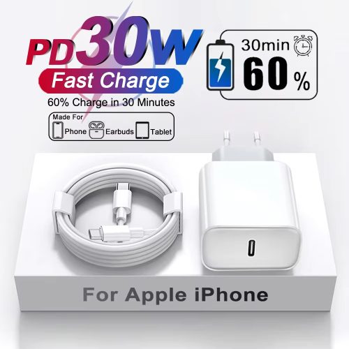 30W PD USB C Fast Charger Wall Plug Type C Charging Cable for iPhone 11 12 13 14 15 16 17 Air Pro Plus