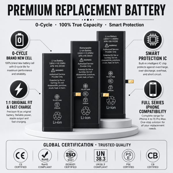 H005efa284293422b91e9e7a01b6508b2C.png Rechargeable Li-Ion Replacement Battery Compatible with iPhone 4 5 6 7 8 X XR XS 11 12 13 14 15 16 Pro Max