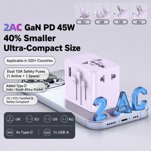 Globally Compatible Pocket-sized GaN 45W Travel Adapter USB-A/C/D Ports Multi-function PD Socket Fast-charging Converter Plug