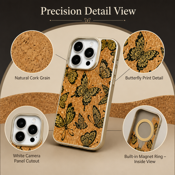 H1ae94c9aa2214ded895221b04d305dd9T Artful Butterfly Artwork Cork Back Cover for Apple iPhone 12-16 Wireless Charging Ready Daily Carry Use