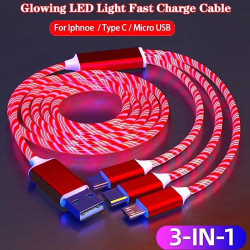 3 in 1 LED Phone Charger Cable TPE USB Type C Micro USB Glowing Charging Cord for Smartphone Tablet