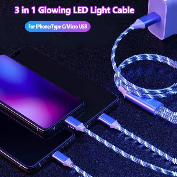 3 in 1 LED Phone Charger Cable TPE USB Type C Micro USB Glowing Charging Cord for Smartphone Tablet