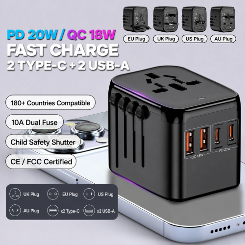 Creative Global Roaming PD + QC 20W GaN Fast-Charging Multi-Function USB Travel Converter Plug 2 Type-C 2 USB-A Ports 100-250V