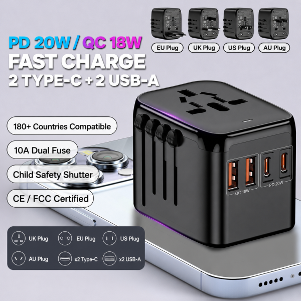Creative Global Roaming PD + QC 20W GaN Fast-Charging Multi-Function USB Travel Converter Plug 2 Type-C 2 USB-A Ports 100-250V
