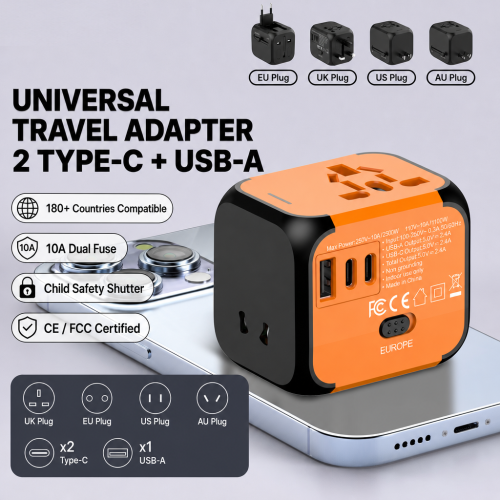E-commerce Premium Universal Travel Adapter 2 USB-C 1 USB-A Ports Multi-function Plug International Trips One-to-many