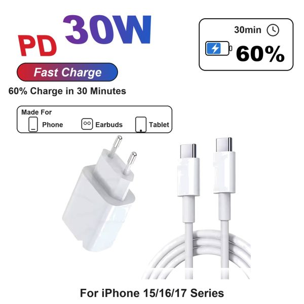 30W PD Type C to Type C Fast Charger Wall Plug Type C Charging Cable for iPhone 11 12 13 14 15 16 17 Air Pro Plus