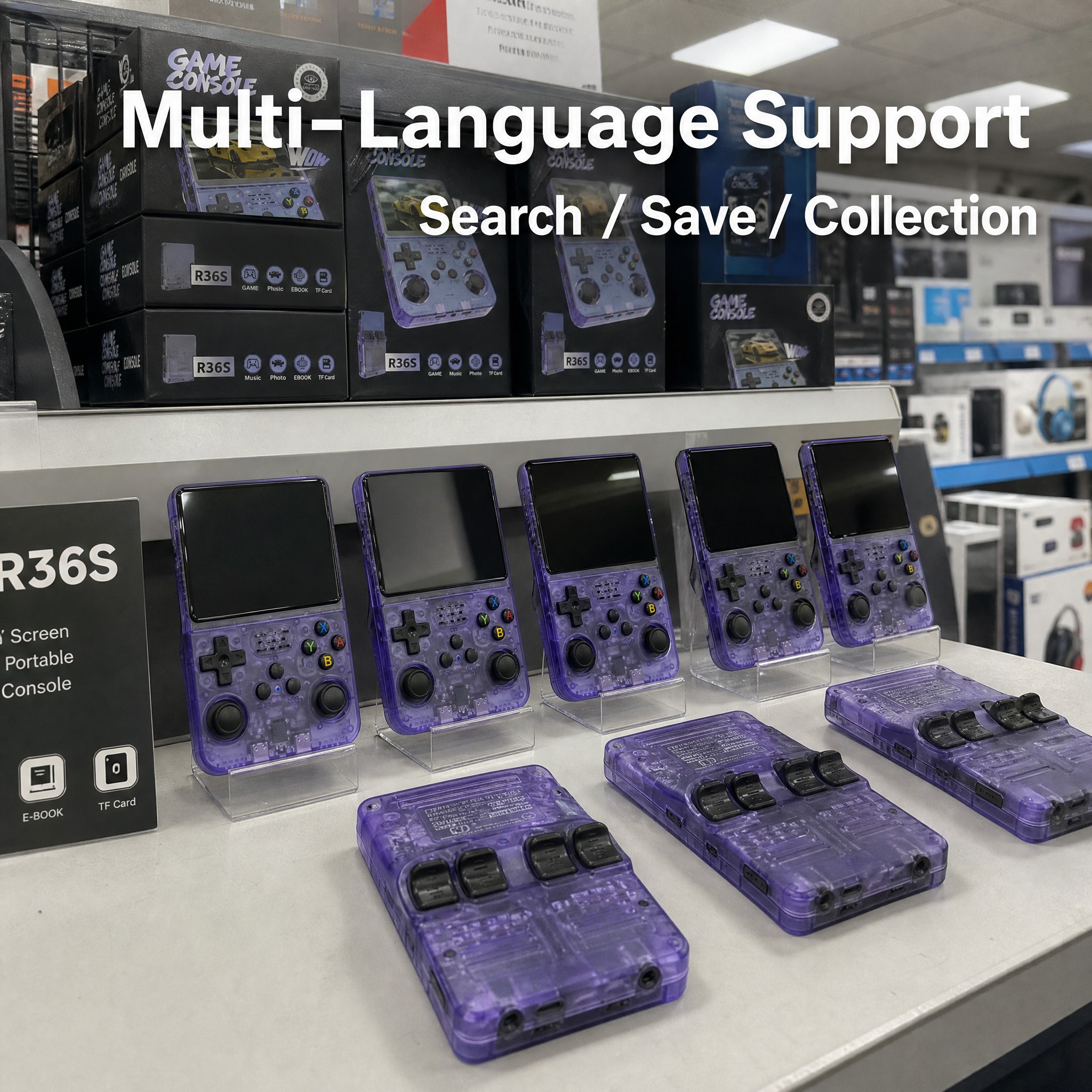 R36S Open Source Handheld Game Console – Purple Transparent (ARKOS / RK3326)