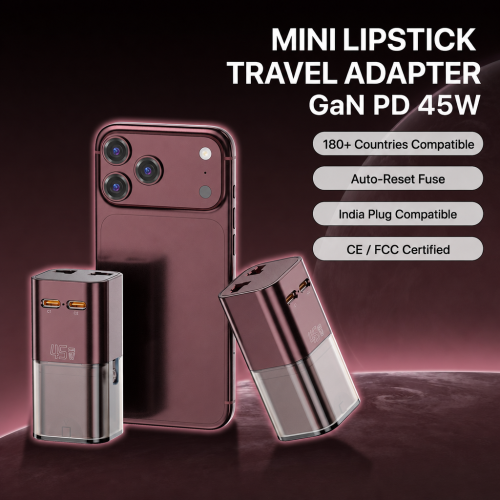 45W Mini Lipstick Size Multi-Function GaN Fast-Charging Adapter 2x Type-C/AC Outlets Auto-Reset Fuse Universal Travel Plug for
