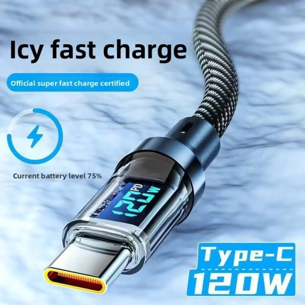 120W USB Type C Fast Charging Data Cable Digital Display Smart Power Off Braided Cord for Phone Lap Tablet