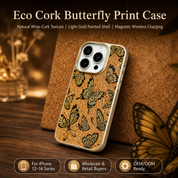 H94c99b22ae51448fab9a13a473727470O Artful Butterfly Artwork Cork Back Cover for Apple iPhone 12-16 Wireless Charging Ready Daily Carry Use