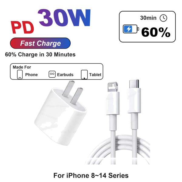 30W PD Fast Charger Wall Plug Type C Charging Cable for iPhone 11 12 13 14 15 16 17 Air Pro Plus