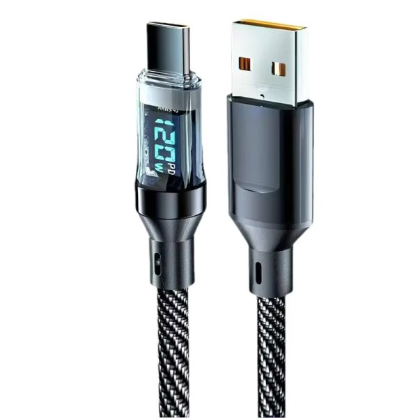 120W USB Type C Fast Charging Data Cable Digital Display Smart Power Off Braided Cord for Phone Lap Tablet