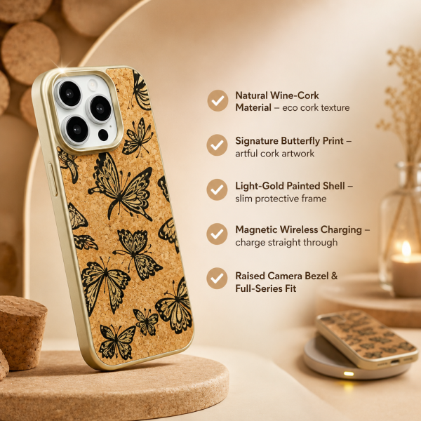 He04f9cfdfe23451391c6071d03559baff Artful Butterfly Artwork Cork Back Cover for Apple iPhone 12-16 Wireless Charging Ready Daily Carry Use