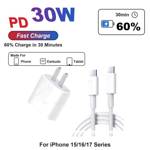 Fast Charger Wall Plug Type C 30W PD Type C to Type C Charging Cable for iPhone 11 12 13 14 15 16 17 Air Pro Plus