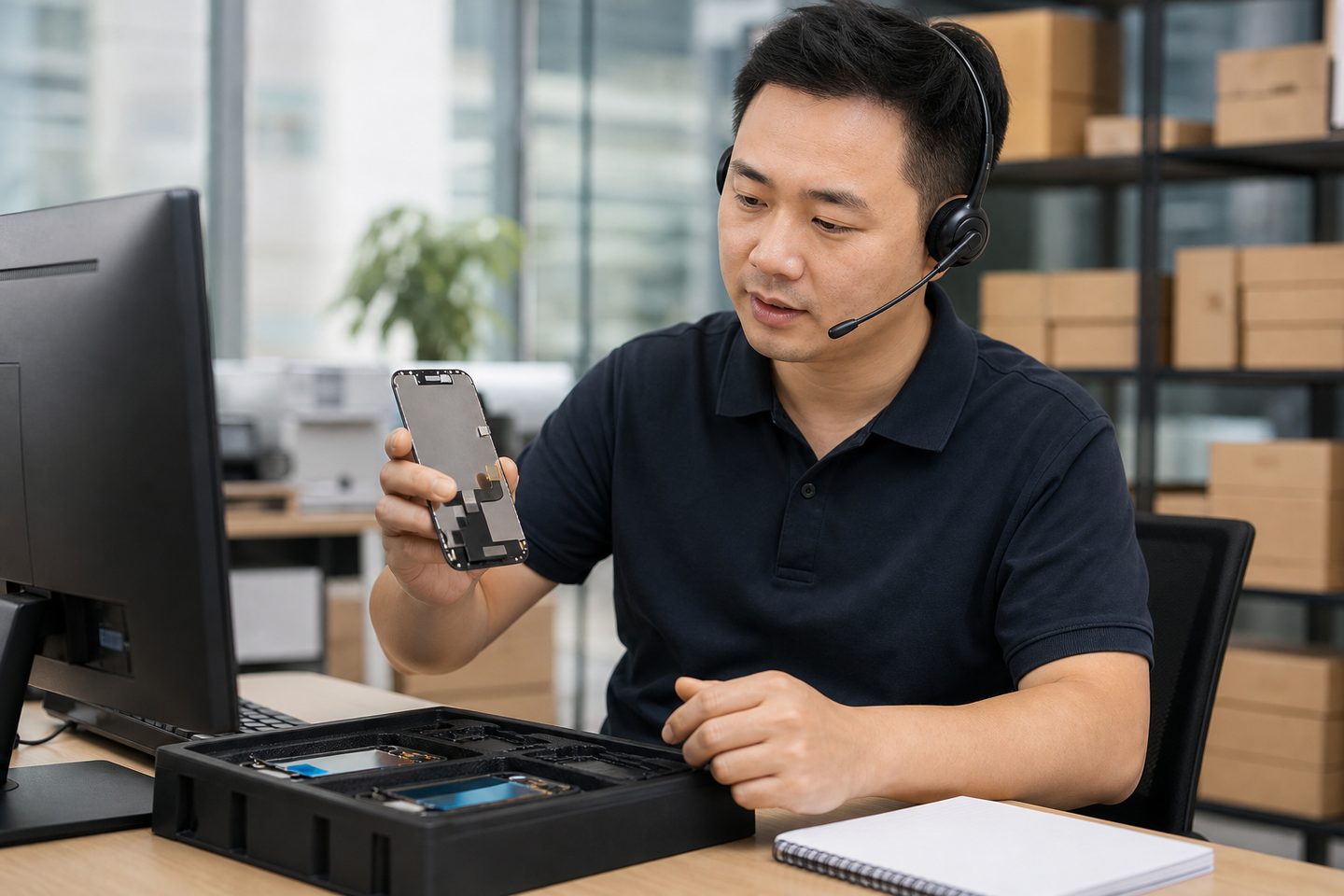 Chinese support engineer with a headset examining a phone screen assembly while handling an after-sales case
