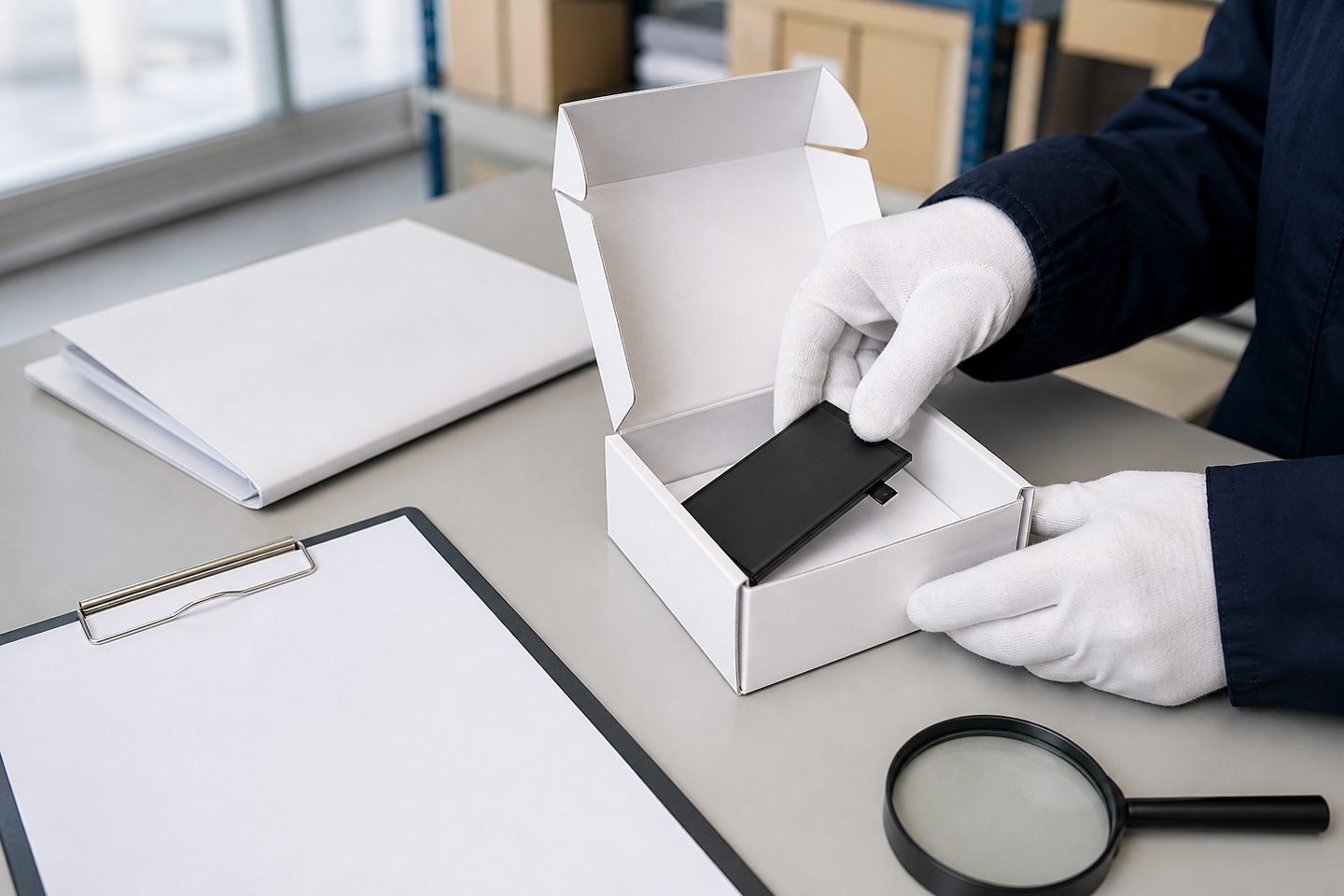 Gloved hands packing a phone battery into a plain white box beside blank shipping documents and a magnifier
