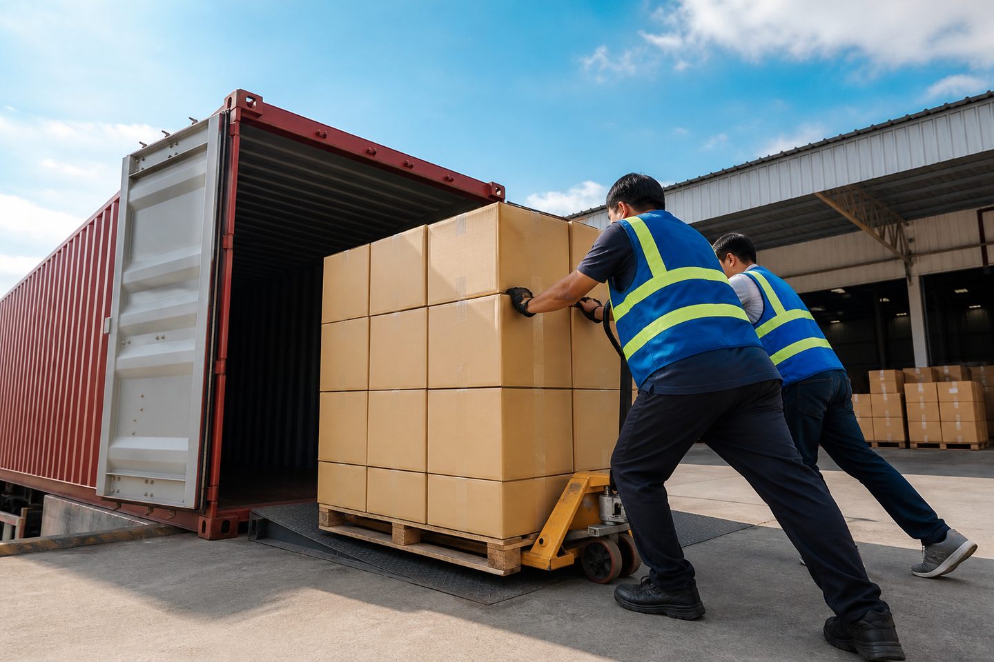 Workers loading a pallet of export cartons into a shipping container at the loading dock