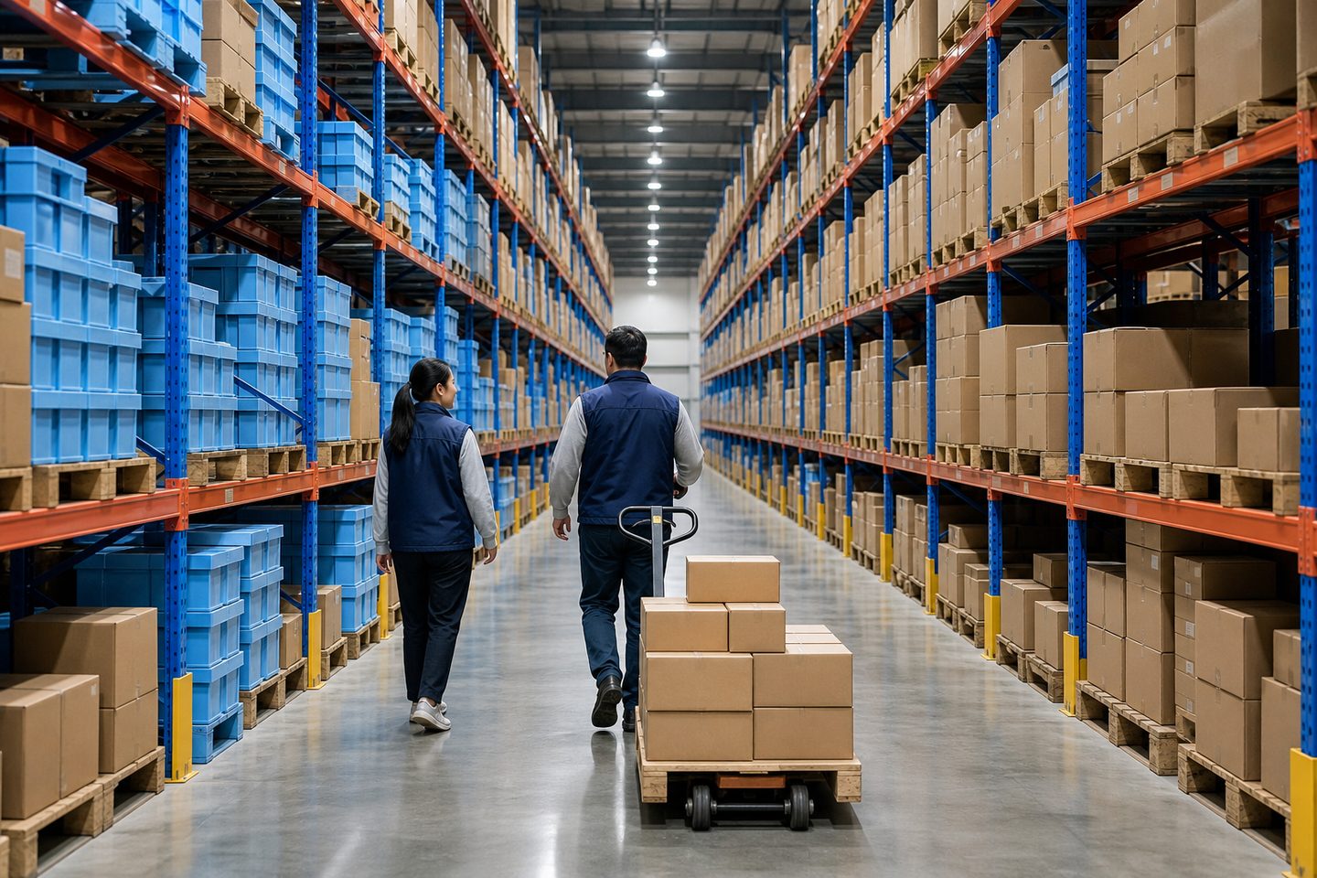 Long aisle between high pallet racking filled with cartons and blue storage bins inside the Calowv facility