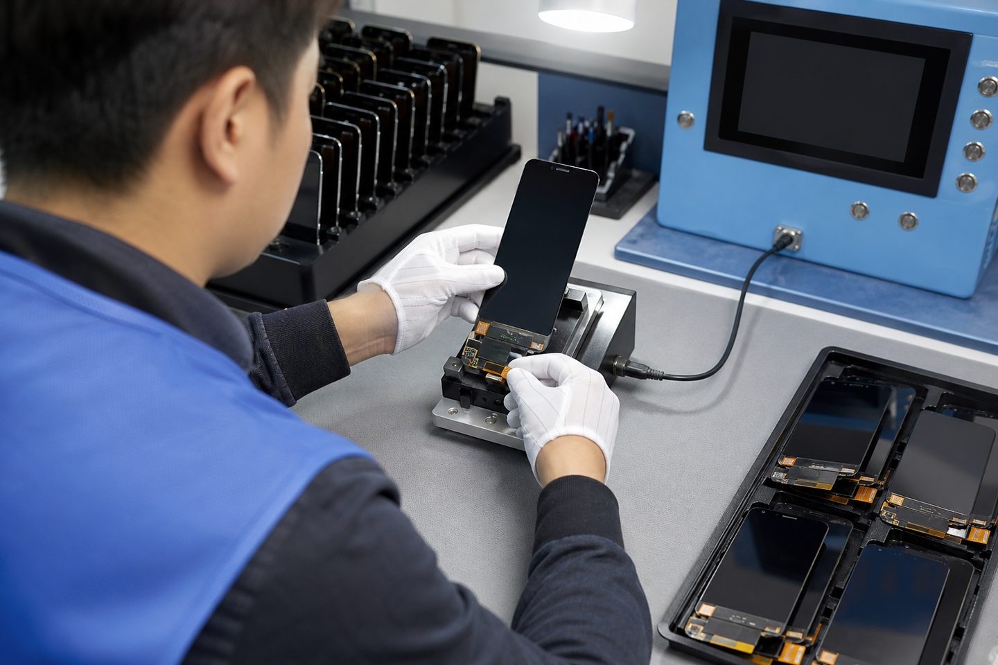 Technician testing a phone screen assembly on a QC fixture at the Calowv inspection bench