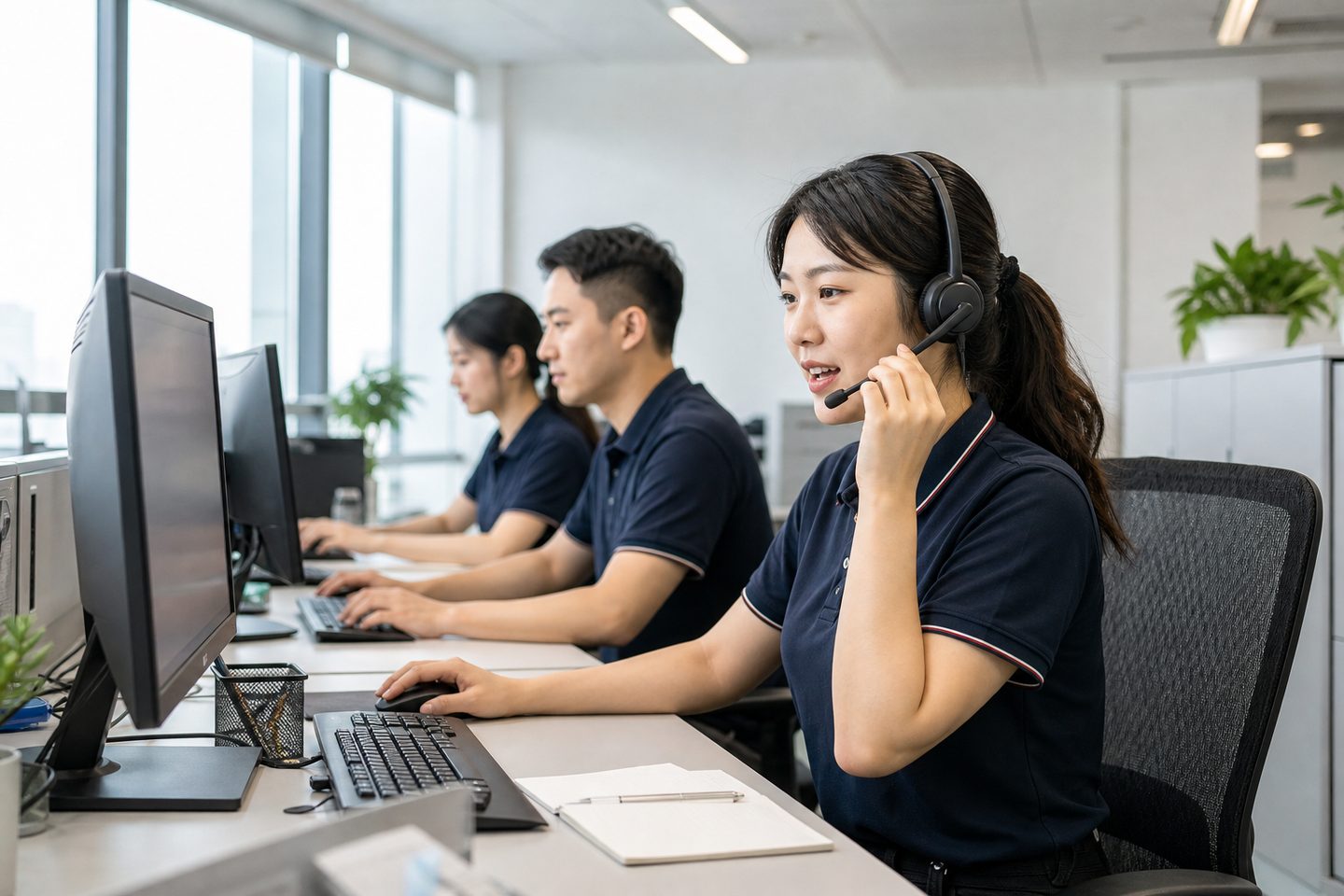 Chinese service team handling wholesale inquiries at their desks in the Calowv office